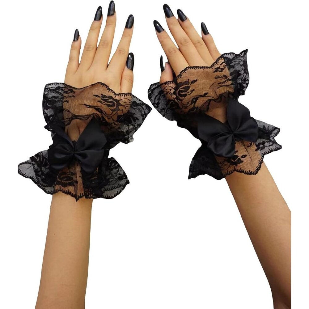 Women's Black Bow Fingerless Wrist Lace Cuffs Gloves Bridal Wedding Party Prom